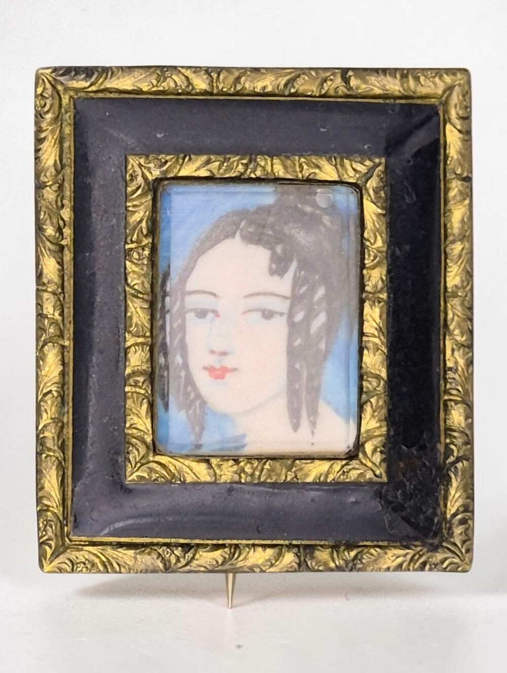 Antique Victorian Portrait Brooch c1840 Hand Painted Folk Art Miniature Gilt
